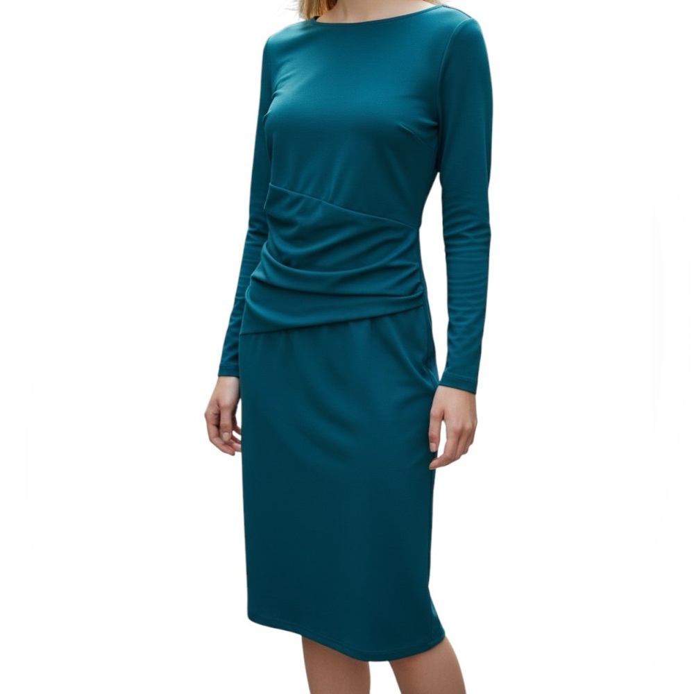 Worth New York Dress Women Jade Green Stretch Ponte Jersey Knit Shirred Career